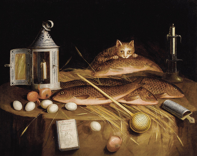 circle of sebastien stoskopff kitchen still life with fish and cat 1650